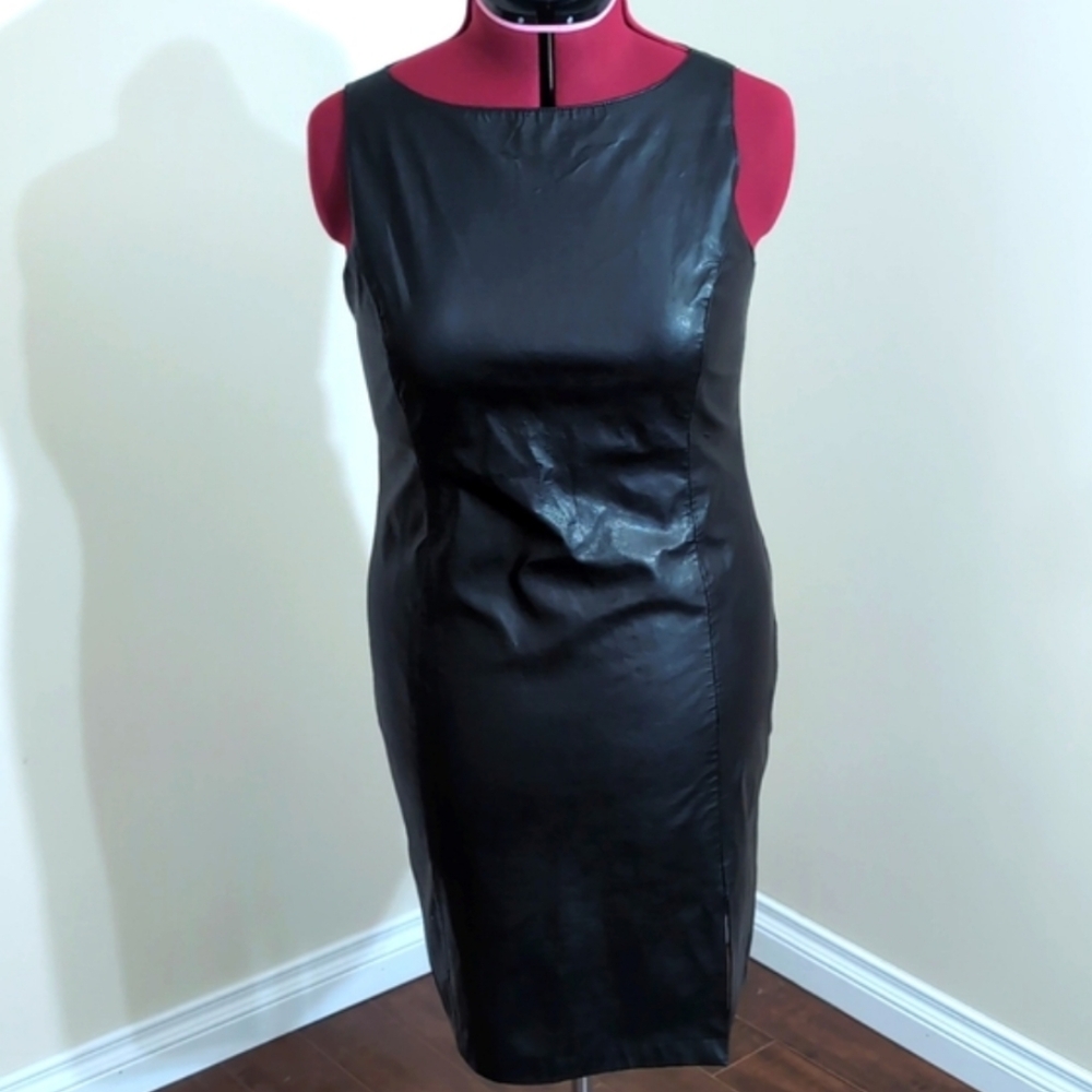 Laurence Roy| Black Faux Leather Sleeveless Midi Dress With Slit Distressed